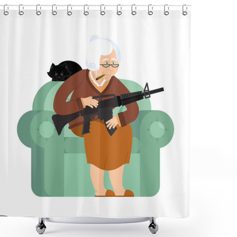 Personality  Grandmother With Gun. Old Woman In An Armchair With Tommy Gun An Shower Curtains