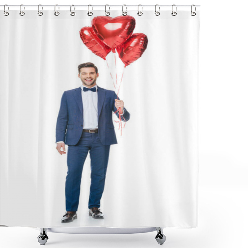 Personality  Happy Young Man With Heart Shaped Balloons Isolated On White Shower Curtains