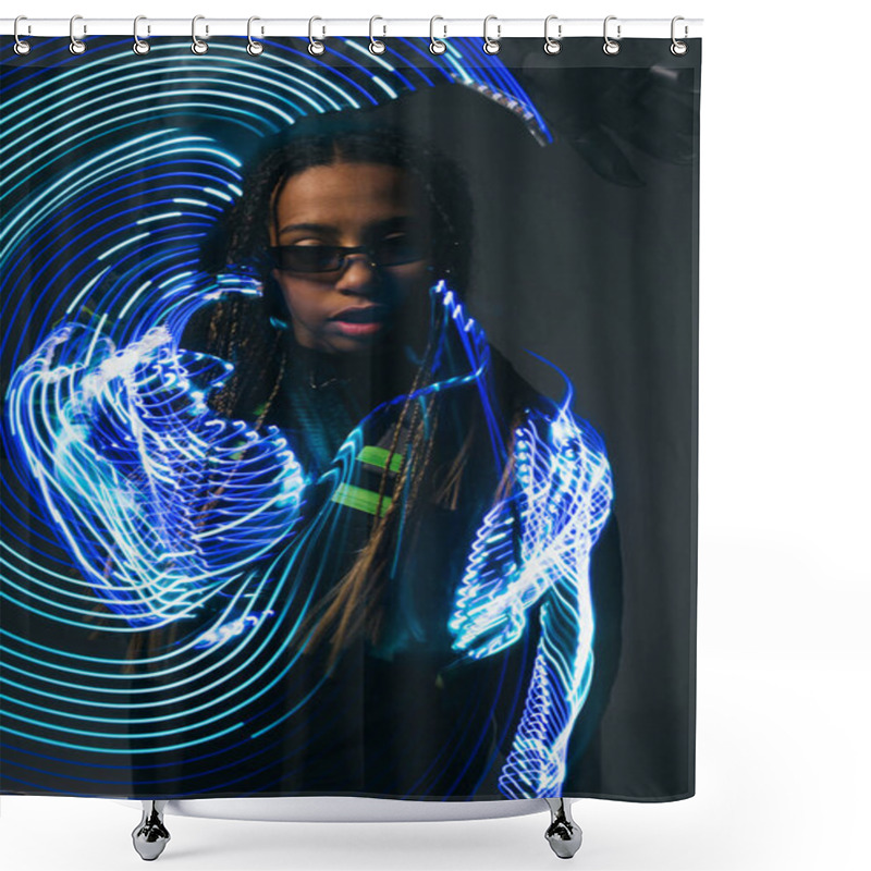 Personality  Long Exposure Of Trendy African American Woman In Smart Glasses Standing Near On Grey Background  Shower Curtains