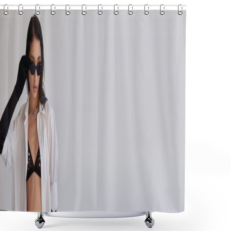 Personality  Bra Look, Fashion Statement, Stylish Asian Woman In Sunglasses Posing On Grey Background, Young Model In Black Gloves And White Shirt, Perfect Skin, Conceptual, Trendy Outfit, Youthful, Banner Shower Curtains