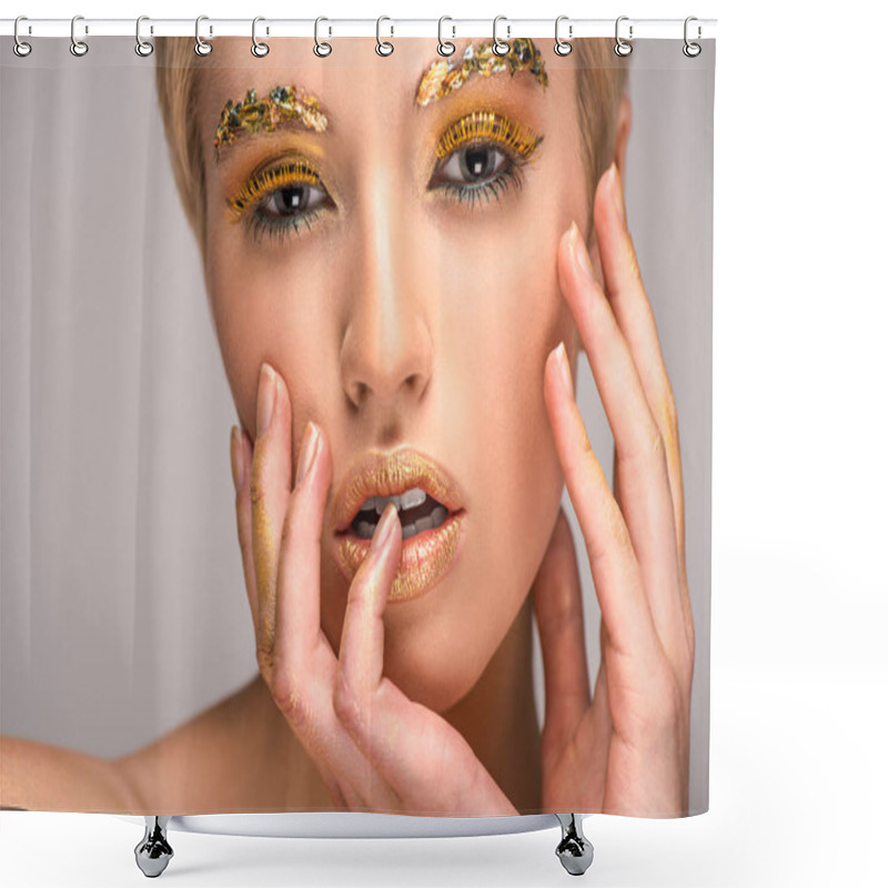 Personality  Attractive Woman With Golden Glittering Makeup Touching Face Isolated On Grey Shower Curtains