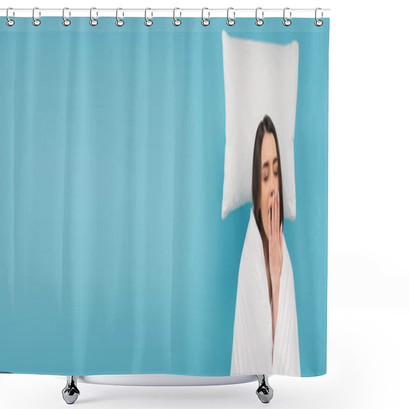 Personality  Tired Woman Covered In White Duvet Standing Near Levitating White Pillow And Yawning On Blue Background, Banner  Shower Curtains