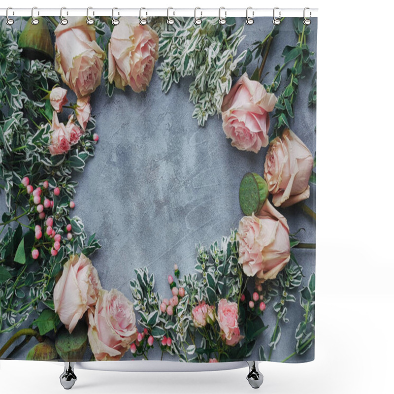 Personality  Wedding Flowers, Blog Style, Flatlay, Light Gray Background, Floristics, Delicate Roses, Lotus And Greens Closeup Shower Curtains