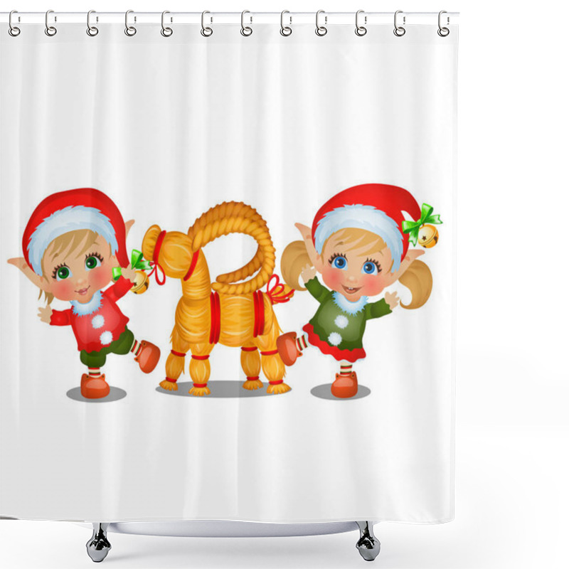 Personality  Set Of Girl And Boy Santas Helpers With Straw Sheep Isolated On White Background. The Attributes Of Christmas And New Year. Vector Cartoon Close-up Illustration. Shower Curtains