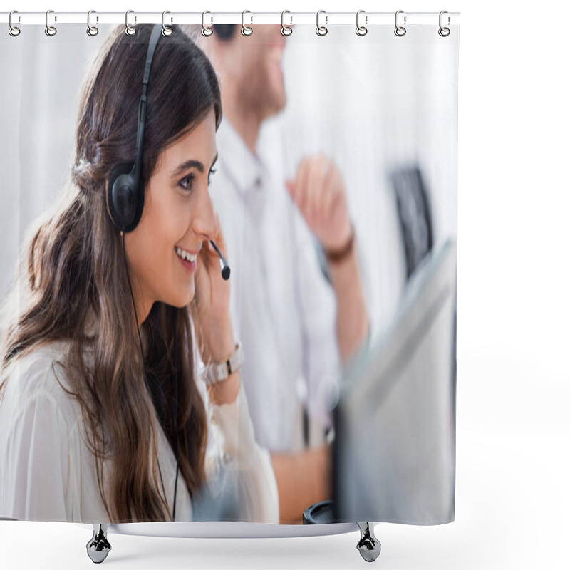 Personality  Selective Focus Of Smiling Female Call Center Operator In Office Shower Curtains