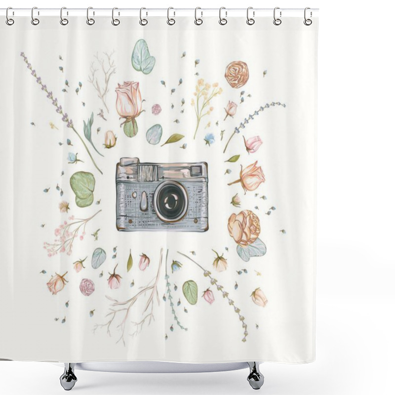 Personality  Vintage Retro Photo Camera In Flowers, Leaves, Branches On White Background. Watercolor Design, Flat Style. Hand Drawn Vector Illustration, Separated Elements In Collage Shower Curtains