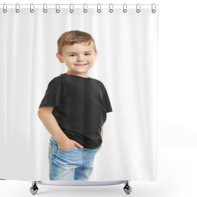 Personality  Little Boy In T-shirt On White Background. Mockup For Design Shower Curtains