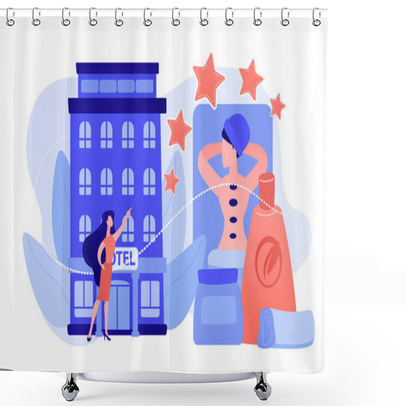 Personality  Business Woman Giving Rating Stars To Hotel With Spa And Bodywork. Wellness And Spa Hotel, Enjoyable Lifestyle, Massage And Bodywork Service Concept. Pinkish Coral Bluevector Isolated Illustration Shower Curtains