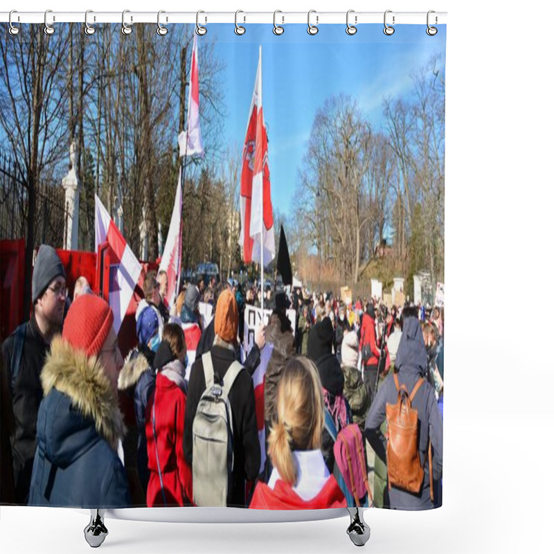 Personality  Warsaw, Poland. 24 February 2022. Anti-war Protest Outside Russian Embassy In Warsaw. Demonstrators Call For Peace And Condemn Putin.  Shower Curtains