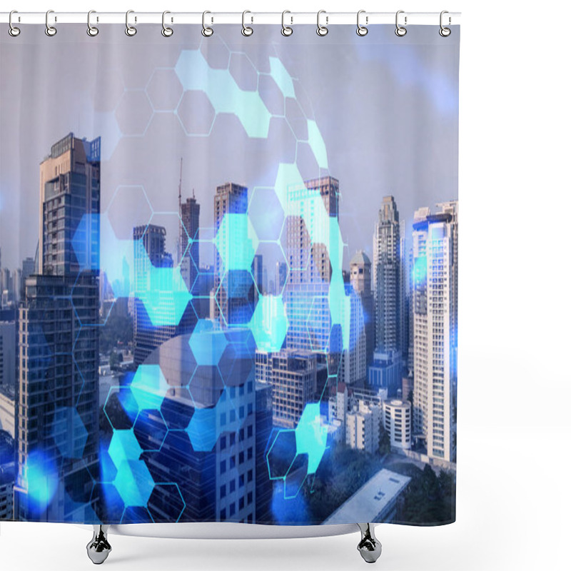 Personality  Hologram Of Abstract Technology Glowing Icons, Panoramic Cityscape Of Bangkok At Sunset, Asia. The Concept Of Worlds Technological Changes. Double Exposure. Shower Curtains