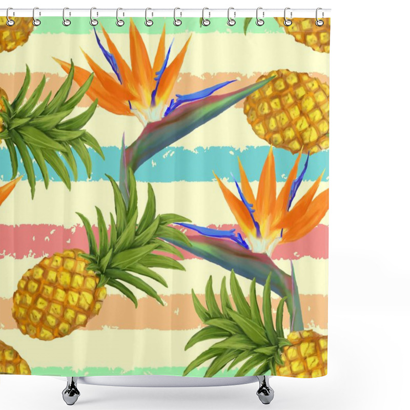 Personality  Tropical Exotic Flowers And Pineapple Seamless Pattern In Vector Shower Curtains