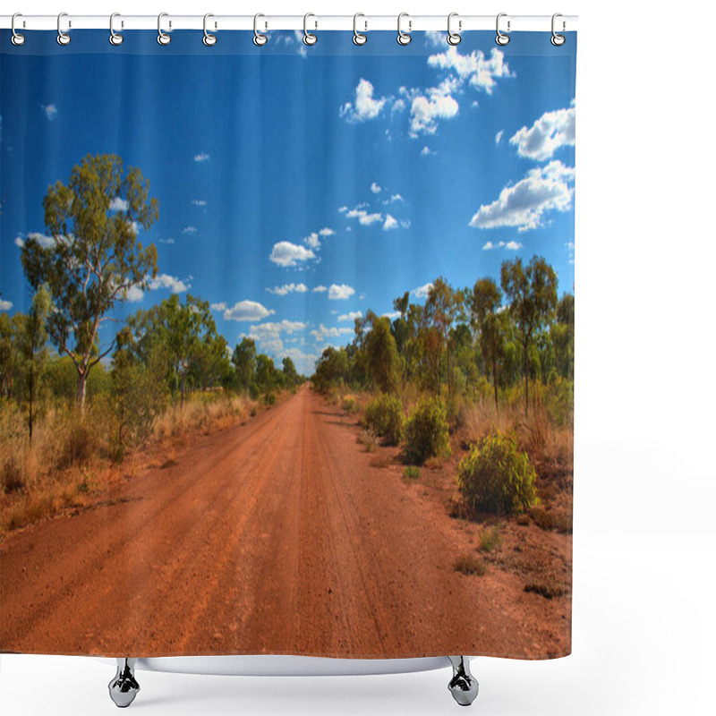 Personality  The Buchan Highway In The Northern Territory, Australia, Features A Striking Contrast Of A Red Dirt Road Under A Clear Blue Sky. Shower Curtains