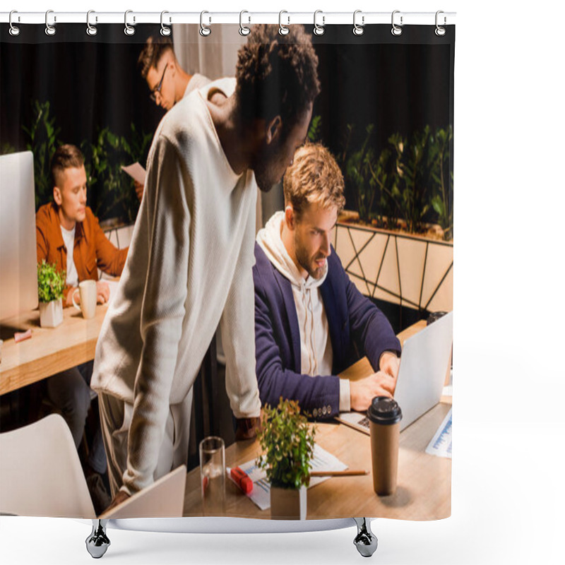 Personality  Young Multicultural Colleagues Working On Startup Project At Night In Office Shower Curtains