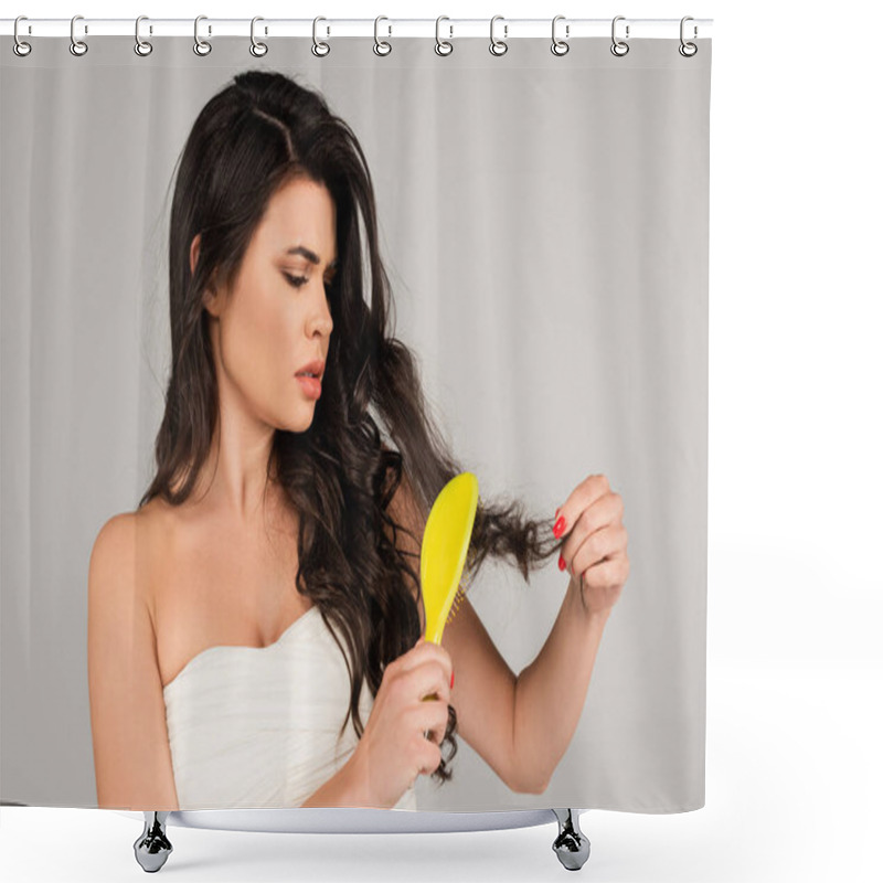 Personality  Upset Woman In White Top Brushing Long And Tousled Hair Isolated On Grey Shower Curtains