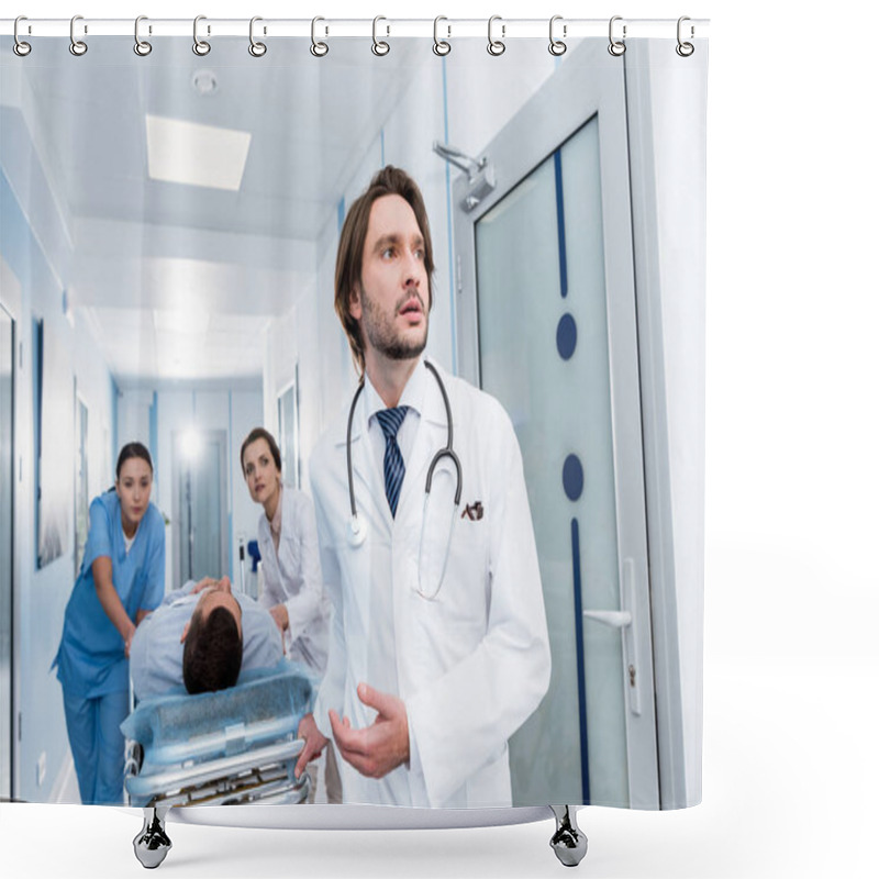 Personality  Worried Doctors Transporting Patient To Operating Room Shower Curtains