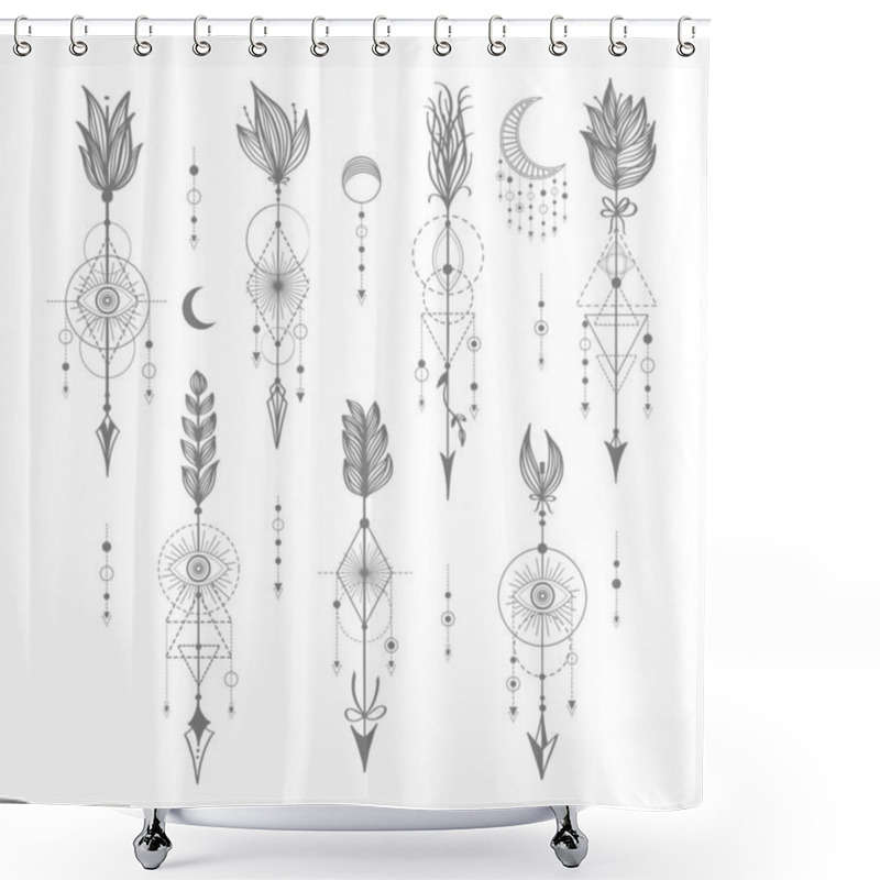 Personality  Vector Set Of Sacred Geometric Symbols With Moon, Eye, Arrows, Dreamcatcher On White Background. Grey Linear Logo And Spiritual Design. Concept Of Imagination, Magic, Creativity, Religion, Astrology. Shower Curtains