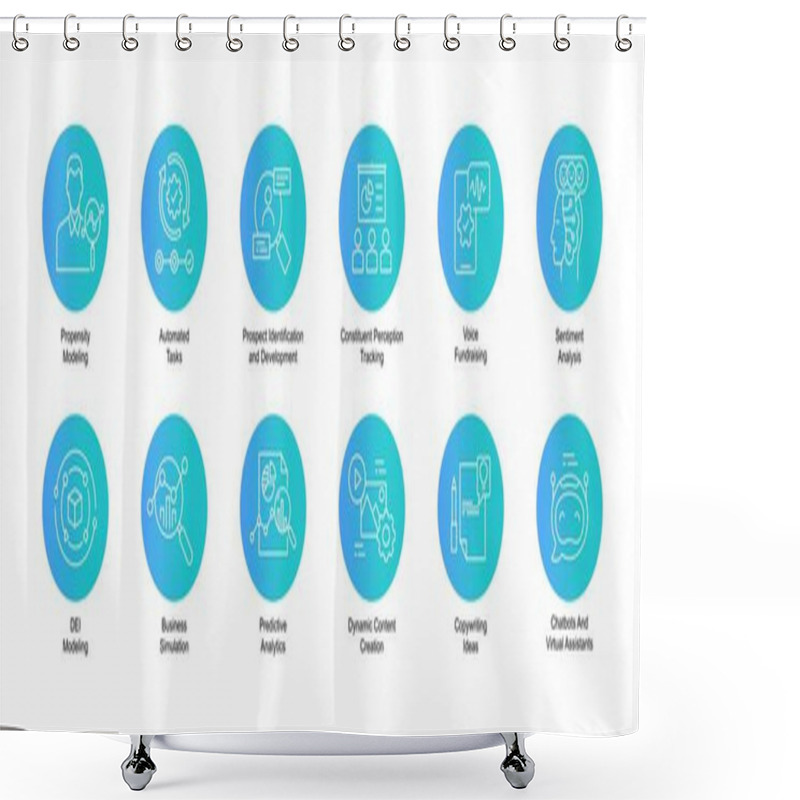 Personality  AI Fundraising Icon Set, Fundraising AI Applications Symbols, Artificial Intelligence In Fundraising Icons, Donation AI Use Cases Symbols, AI Powered Fundraising Symbols, Crowdfunding AI Icons. Vector Editable Stroke Icons. Shower Curtains