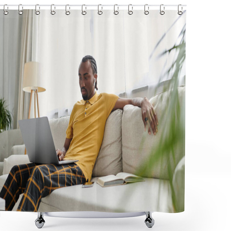 Personality  A Digital Nomad Works On His Laptop, Lounging On A Sofa Amidst Greenery. Shower Curtains