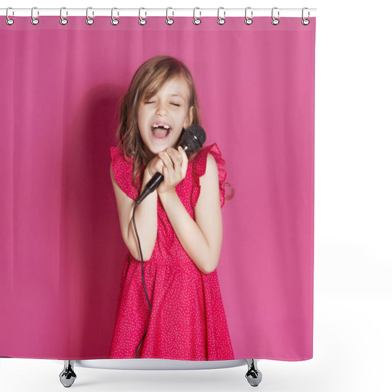 Personality  Little 8 Years Old Girl Make Some Emotional Gesture With Her Hands On A Pink Neutral Background. She Has Long Brunette Hair And Wear Red Summer Dress. Funny Expression On Her Face Shower Curtains