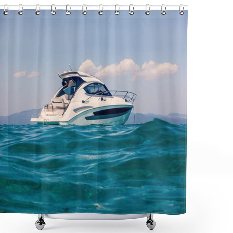 Personality  Motor Boat Floating On Clear Turquoise Water Shower Curtains