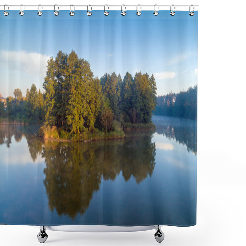 Personality  Early Foggy Morning, Sunrise Over The Lake. Rural Landscape. The Beautiful Nature Of Finland, Europe Shower Curtains