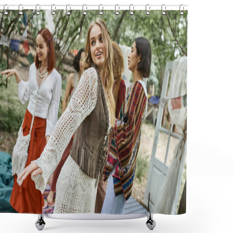 Personality  Stylish Young Woman Dancing Near Interracial Friends Outdoors In Retreat Center Shower Curtains