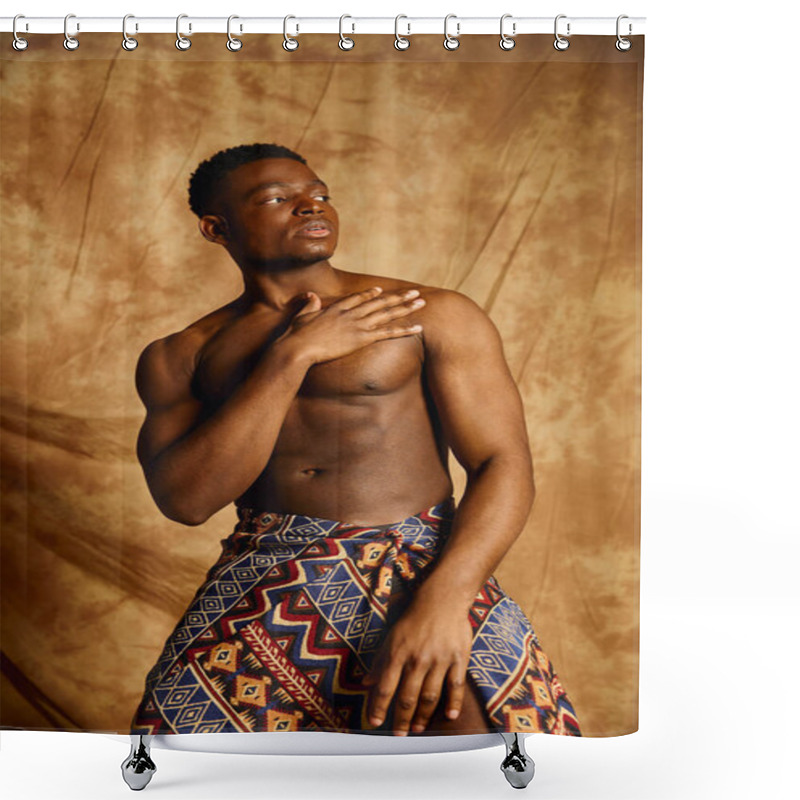 Personality  A Young, Handsome African American Man Showcases His Physique, Posing Topless With Elegance. Draped In Vibrant Tribal Fabric, His Expression Exudes Confidence And Charisma In This Artistic Setting. Shower Curtains