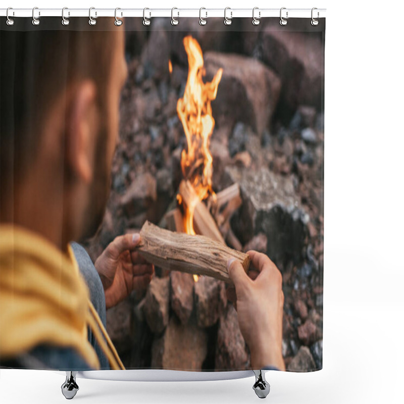 Personality  Selective Focus Of Man Putting Log In Burning Bonfire  Shower Curtains