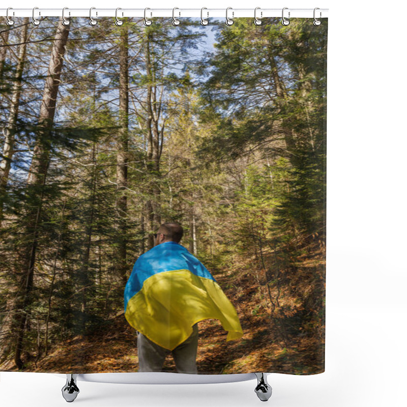 Personality  Man With Ukrainian Flag In Spruce Forest  Shower Curtains