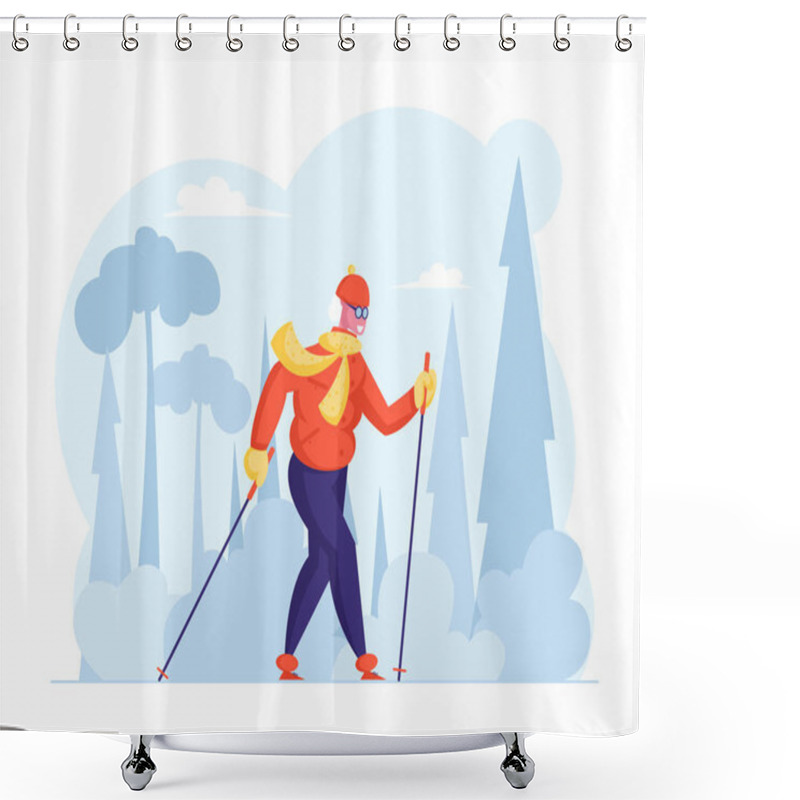 Personality  Senior Female Character Exercising With Scandinavian Walking Sticks. Happy Pensioner Woman Healthy Lifestyle And Outdoors Sport. Aged Lady Sports Activity Routing Cartoon Flat Vector Illustration Shower Curtains