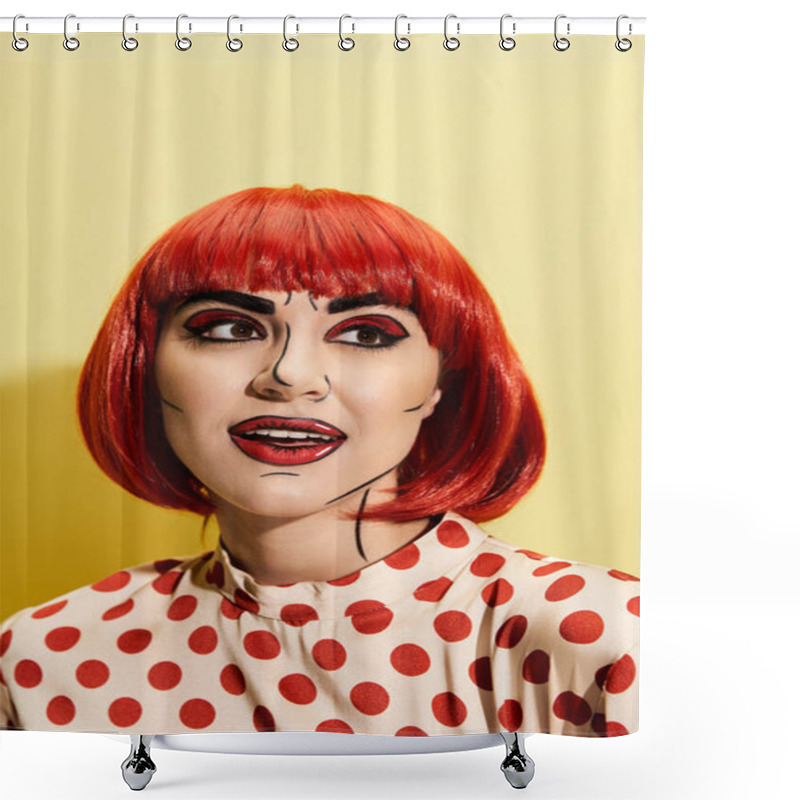 Personality  A Stunning Redhead Woman With Vibrant Pop Art Makeup Wearing A Polka Dot Blouse Against A Yellow Background. Shower Curtains