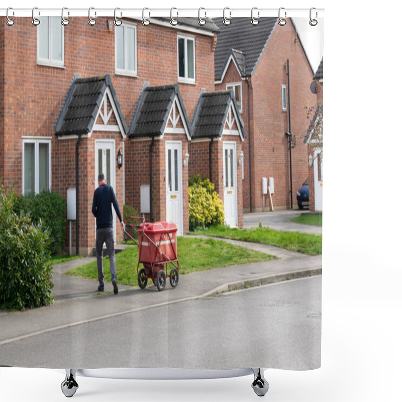 Personality  Grantham,Linconshire,England - 7 March 2020. Postman With Red Trolley Distributing Mail Near Hudson Way Street In Grantham. Shower Curtains