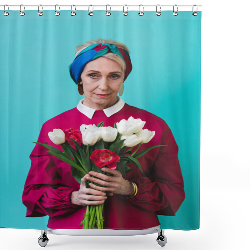 Personality  Attractive Senior Woman With Bouquet Of Tulips, Isolated On Turquoise Shower Curtains