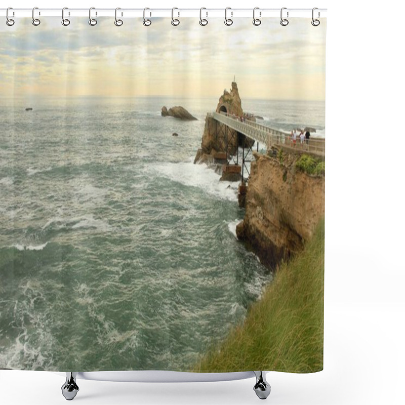 Personality  Tourists Enjoying Scenic Ocean Views At The Rock Of The Virgin, Biarritz, France. High Quality Photo Shower Curtains