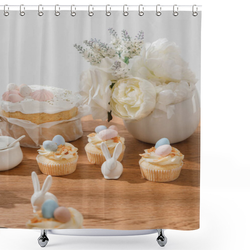 Personality  Selective Focus Of Cupcakes With Decorative Bunnies, Sugar Bowl, Easter Bread And Vase Isolated On Grey Shower Curtains