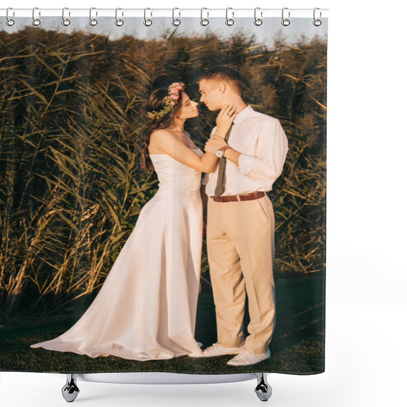 Personality  Beautiful Happy Young Tender Wedding Couple Able To Kiss On Green Grass Shower Curtains