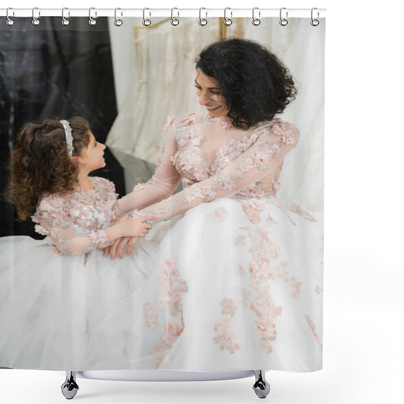 Personality  Brunette Middle Eastern Woman With Wavy Hair Looking At Girl And Smiling Near White Wedding Dresses In Bridal Salon, Floral, Mother And Daughter, Happiness, Wedding Day, Shopping, Bonding  Shower Curtains