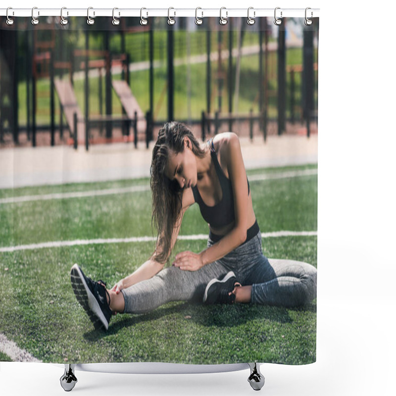 Personality  Woman Stretching On Sports Field Shower Curtains