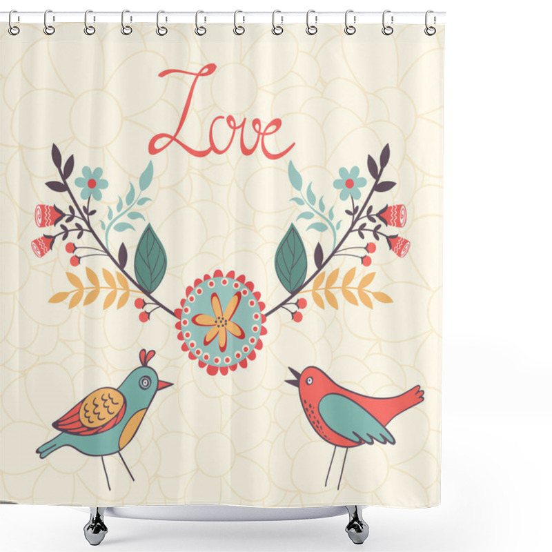 Personality  Elegant Love Card With Birds And Floral Wreath Shower Curtains