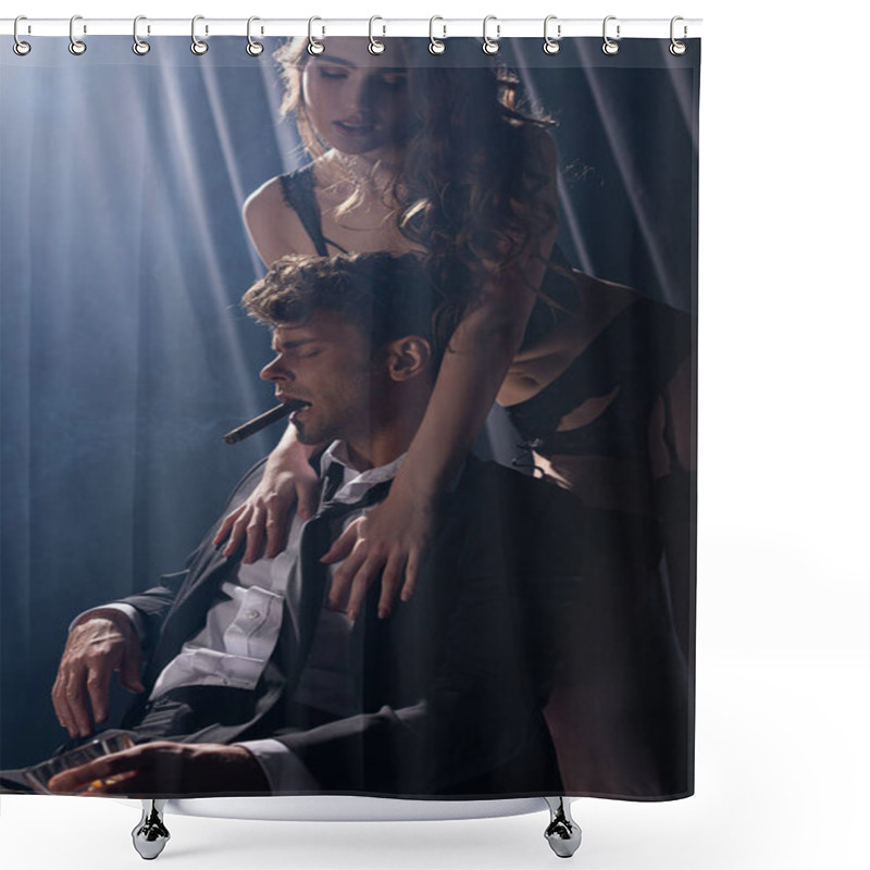 Personality  Seductive Girl Touching Handsome Man Smoking Cigar And Holding Glass Of Whiskey On Black  Shower Curtains