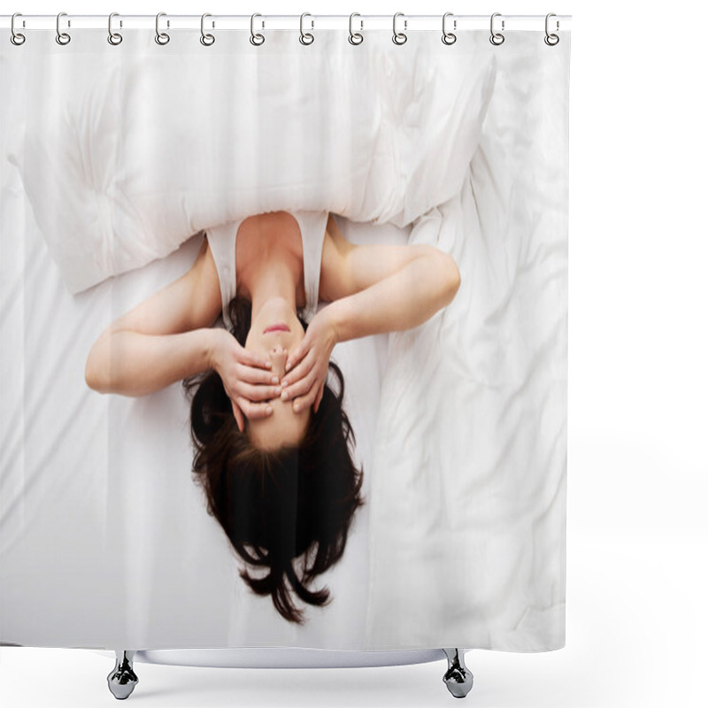 Personality  Sleepy Woman Waking Up And Rubbing Her Eyes. Shower Curtains