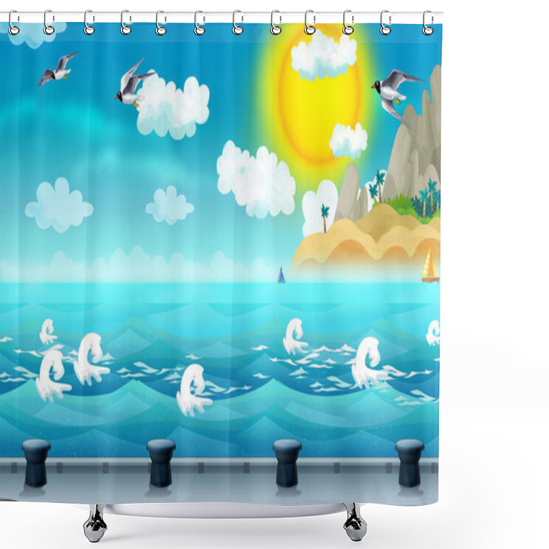 Personality  Cartoon Background Of A Sea And Docking Station For Ships Shower Curtains