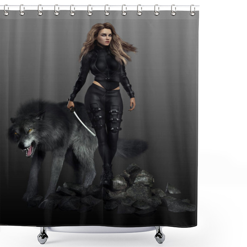 Personality  Urban Fantasy Woman With CGI Wolf Shower Curtains