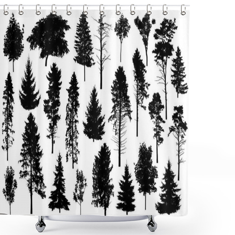 Personality  Silhouette Of Set Different Trees. Collection Of Coniferous Evergreen Forest Trees, Deciduous Trees. Vector Illustration Shower Curtains