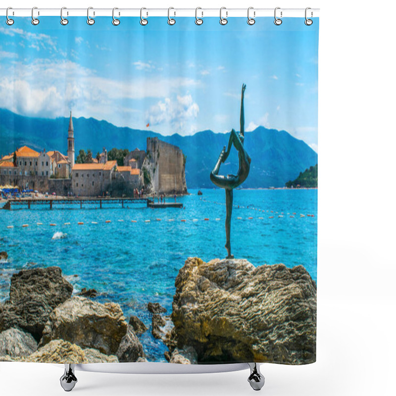 Personality  Budva, Montenegro - July 4, 2021: Sculpture Of Dancer (Statue Of Gymnast Or Ballerina) On Background Of Old City Walls Fortress. Budva Old Town. Beautiful Blue Summer Sunny Seascape. Shower Curtains