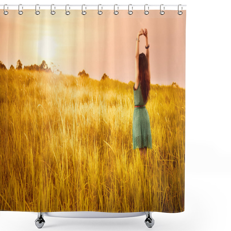 Personality  Happy Young Asian Woman Standing In Meadows Shower Curtains