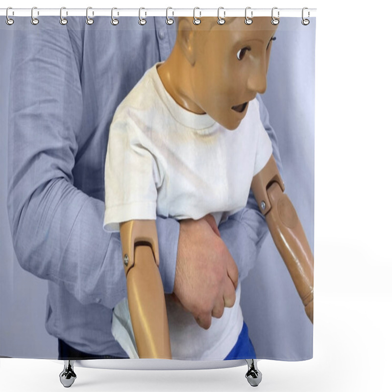 Personality  Abdominal Thrusts (the Heimlich Maneuver Or Heimlich Manoeuvre) On A Simulation Mannequin Child Dummy During Medical Training Basic Life Support Shower Curtains