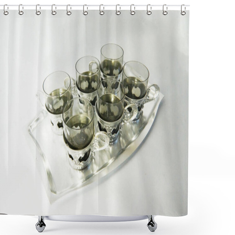 Personality  Glass Holder, Set Of Wine Glasses, Glass On Tray, Silver Tray, Glass Holder, Vintage Glass Holder,  Gray Glass,  Old Glass Holder, Vintage, Soviet Vintage, Headstock Stock Image, Nostalgishop Shower Curtains