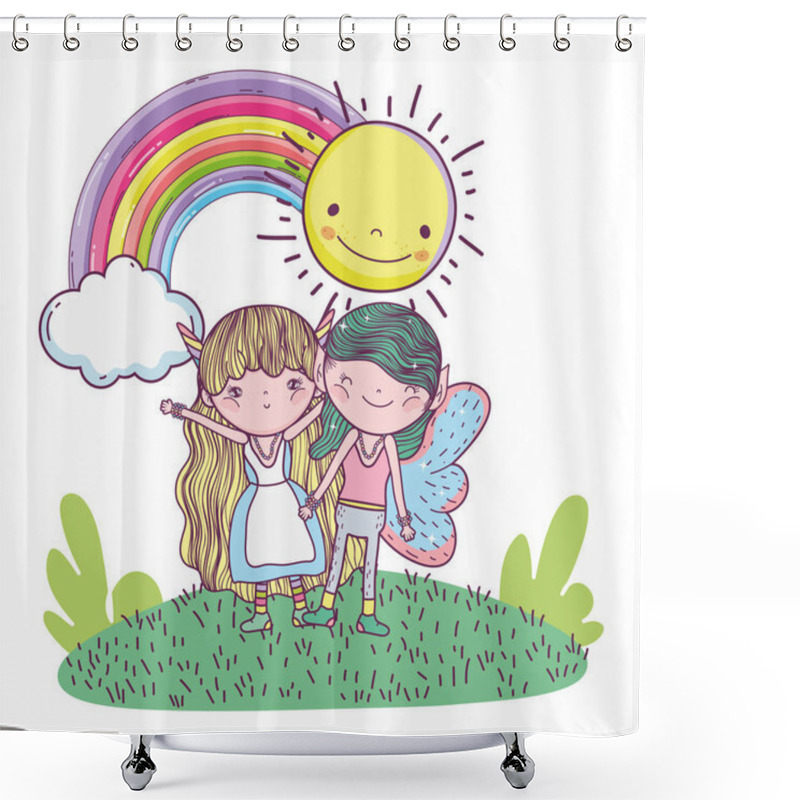 Personality  Cute Little Fairies Couple With Rainbow And Sun Vector Illustration Design Shower Curtains