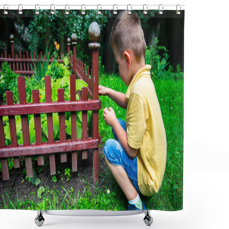 Personality  Little Kid Playing With Bugs. Childhood Curiosity Shower Curtains